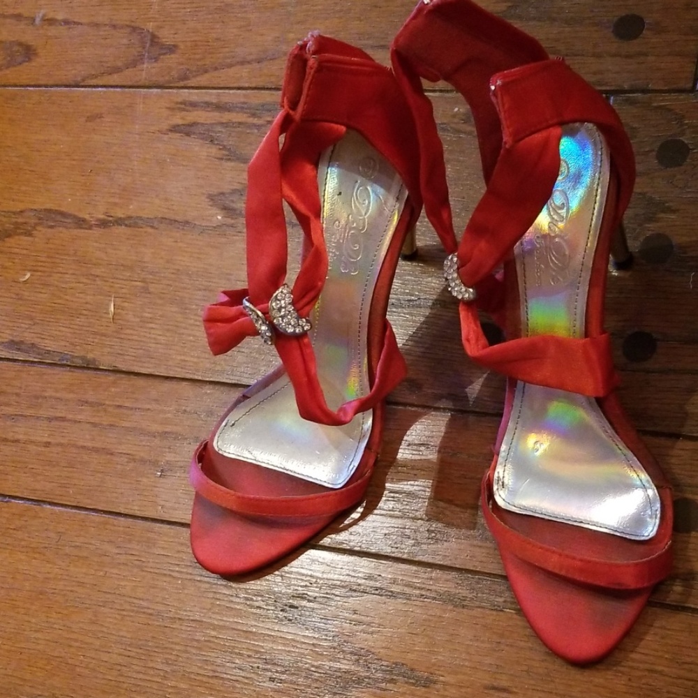 Red satin high heels